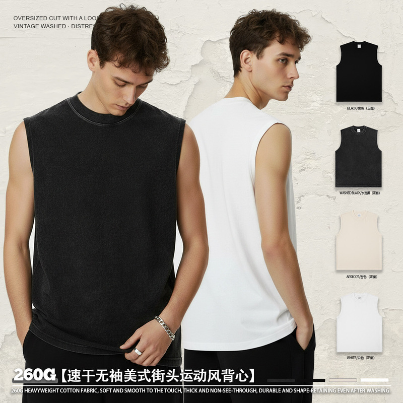 Vintage Cross-Border 260g Heavy Washed Retro Sleeveless T-Shirt Loose Pure Cotton Men's High Street Loose Base Shirt