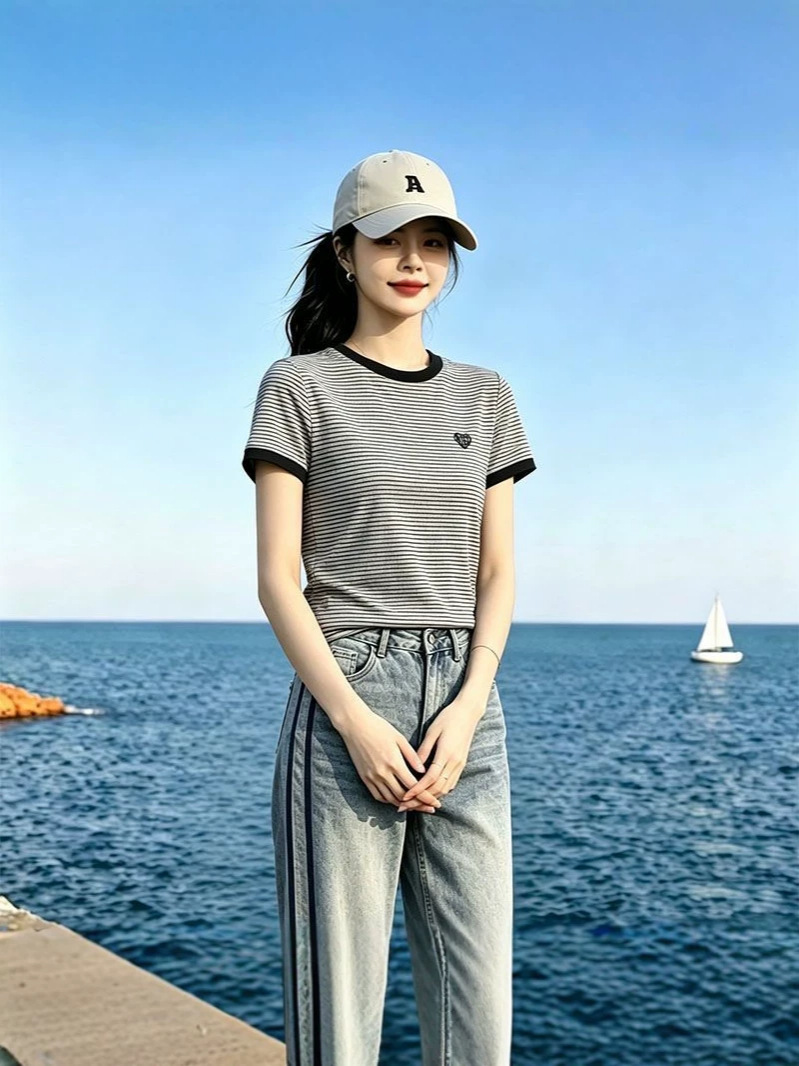 2026 Embroidered Striped Women's Short-Sleeve T-Shirt Korean Style Versatile Summer New Slim-Fit Top for Petite Figures Round Neck