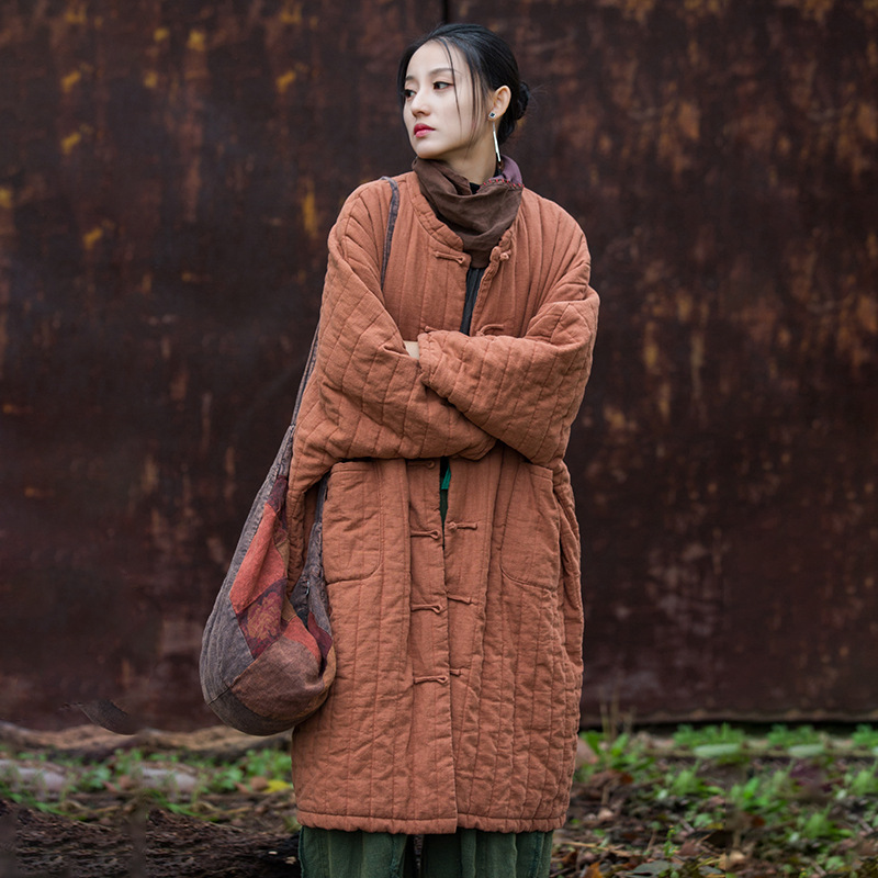 26 Winter Women's New Style Ramie Quilted Vertical Striped Cotton Jacket Zen-Style Women's Robe Cotton Coat