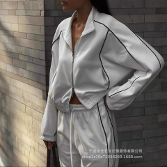 欧美跨境休闲套装女纯色线条长袖双拉链短款开衫系带运动裤两件套