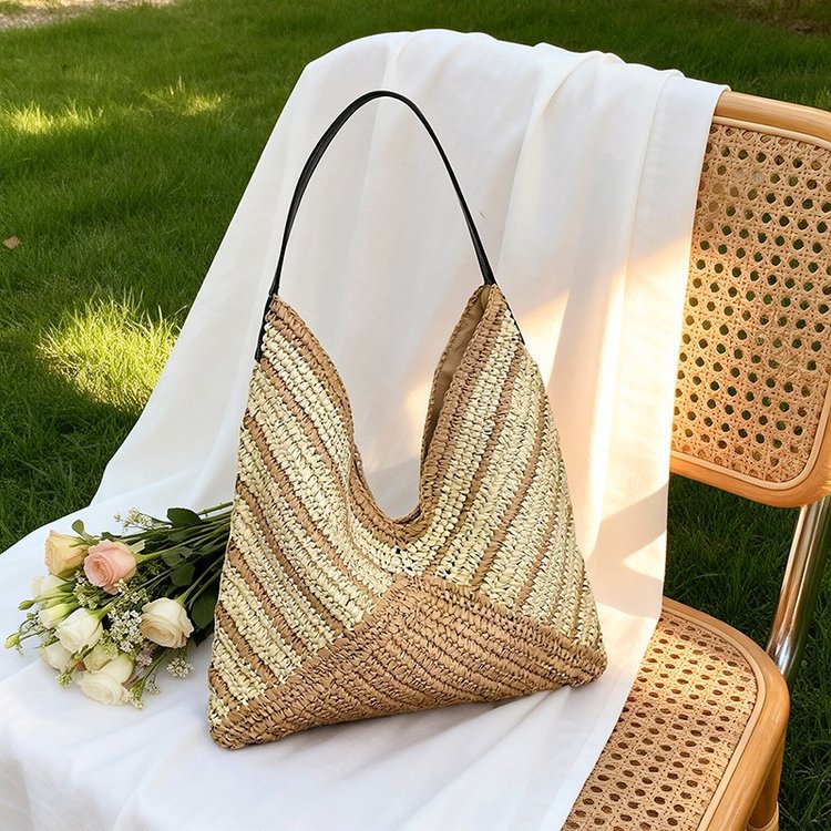 Bolsa de paja a rayas, bolsa de tejido a mano de alta calidad, bolsa de gran capacidad, bolsa de vacaciones, bolsa de playa, bolsa de viaje para mujeres