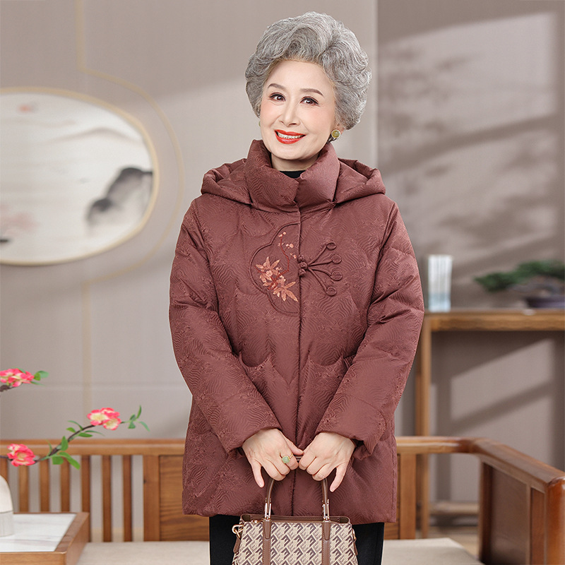 Grandma's Winter Short down Jacket for 60-70 Year Olds, Winter Wedding Middle-Aged and Elderly Women's Dark Floral Coat Trendy