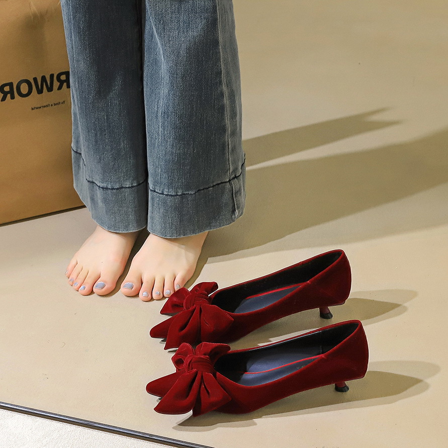2377-H106 Korean-style Elegant Suede Stiletto With Pointed Toe, Versatile Bow Design, Casual Low-heel Commuter Women's_vogvips.com