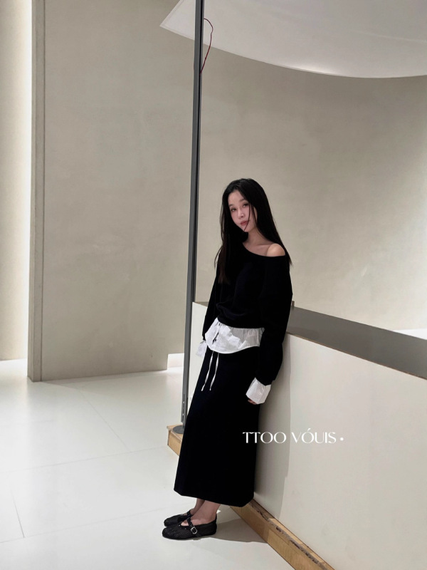 TTOO VOUIS秋季2301长袖圆领卫衣假两件抽绳松紧腰半身裙两件套女|undefined