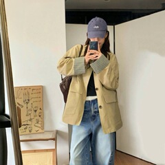 高智巴恩风 卡其色风衣撞色格纹拼接短款宽松外套女秋