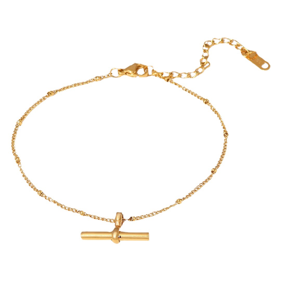 INS nueva tobilleta de acero de titanio 18K de oro personalidad tbar palo colgante de cadena de bolas tobilleta de moda todo partido tobilleta