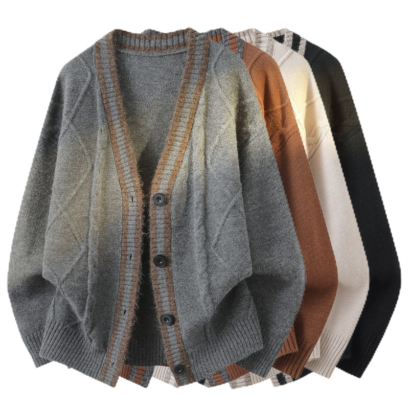 Explosiones transfronterizas de tamaño europeo de tamaño V cuello de color mosaico jersey jersey jersey cardigan hombre chaqueta otoño invierno fábrica al por mayor