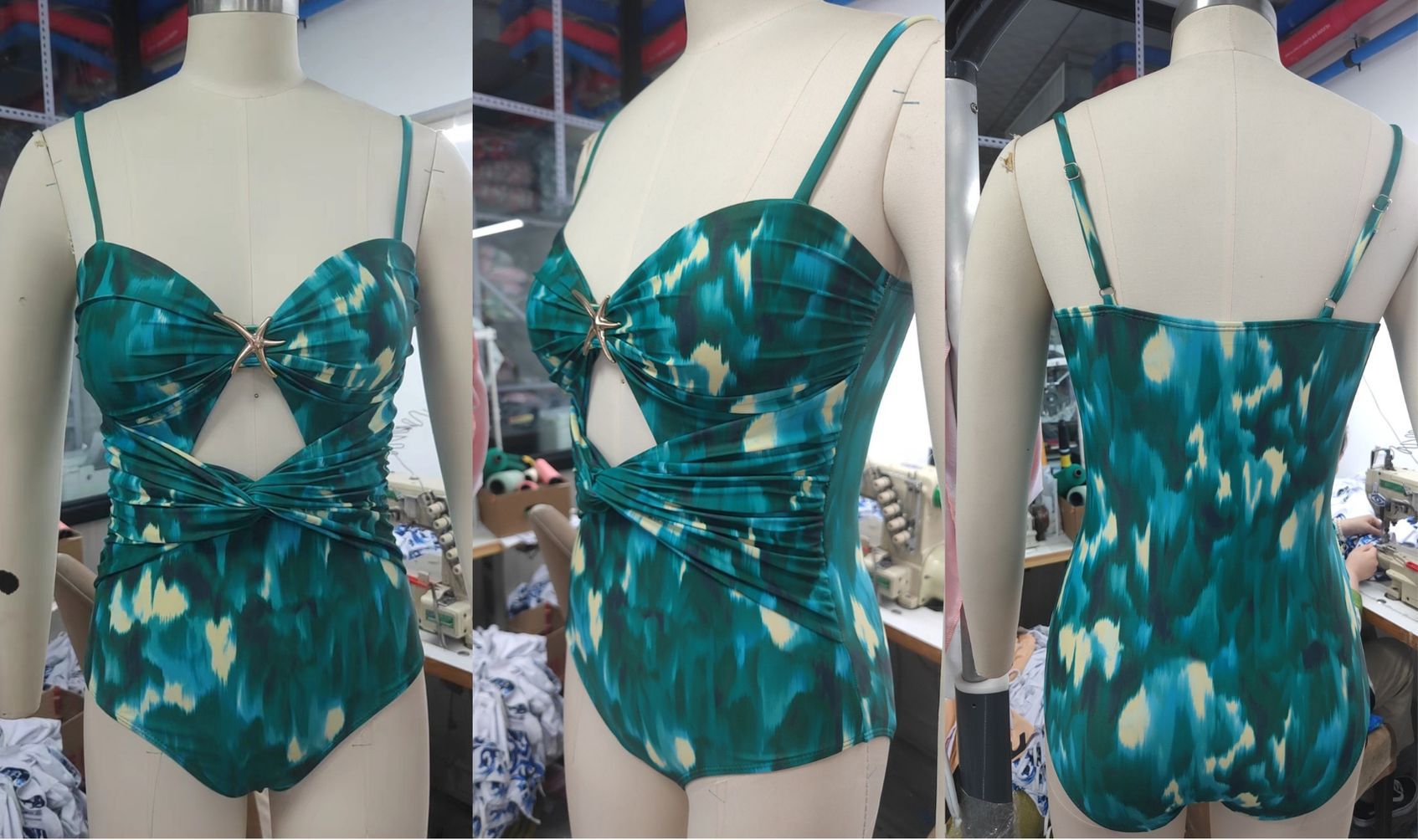 Women's Green Ink Painting Print Strapless Ruffle One Piece Swimsuit American Style Sexy Vacation Suit For All Seasons_ecoleips.com