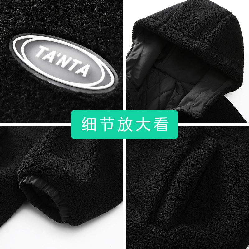 Invierno de los nuevos hombres de estilo coreano con capucha color sólido logotipo del coche de lana de cordero abrigo de algodón acolchado pareja de moda celebridad en línea mismo estilo abrigo a juego