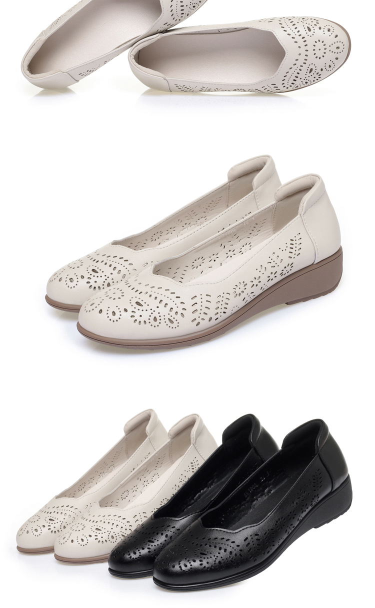 Giày nữ đế xuồng platform da thật mũi tròn, quai hậu, gót 5 cm, kiểu xỏ lỗ thoáng khí — Be (lỗ) chi tiết 17