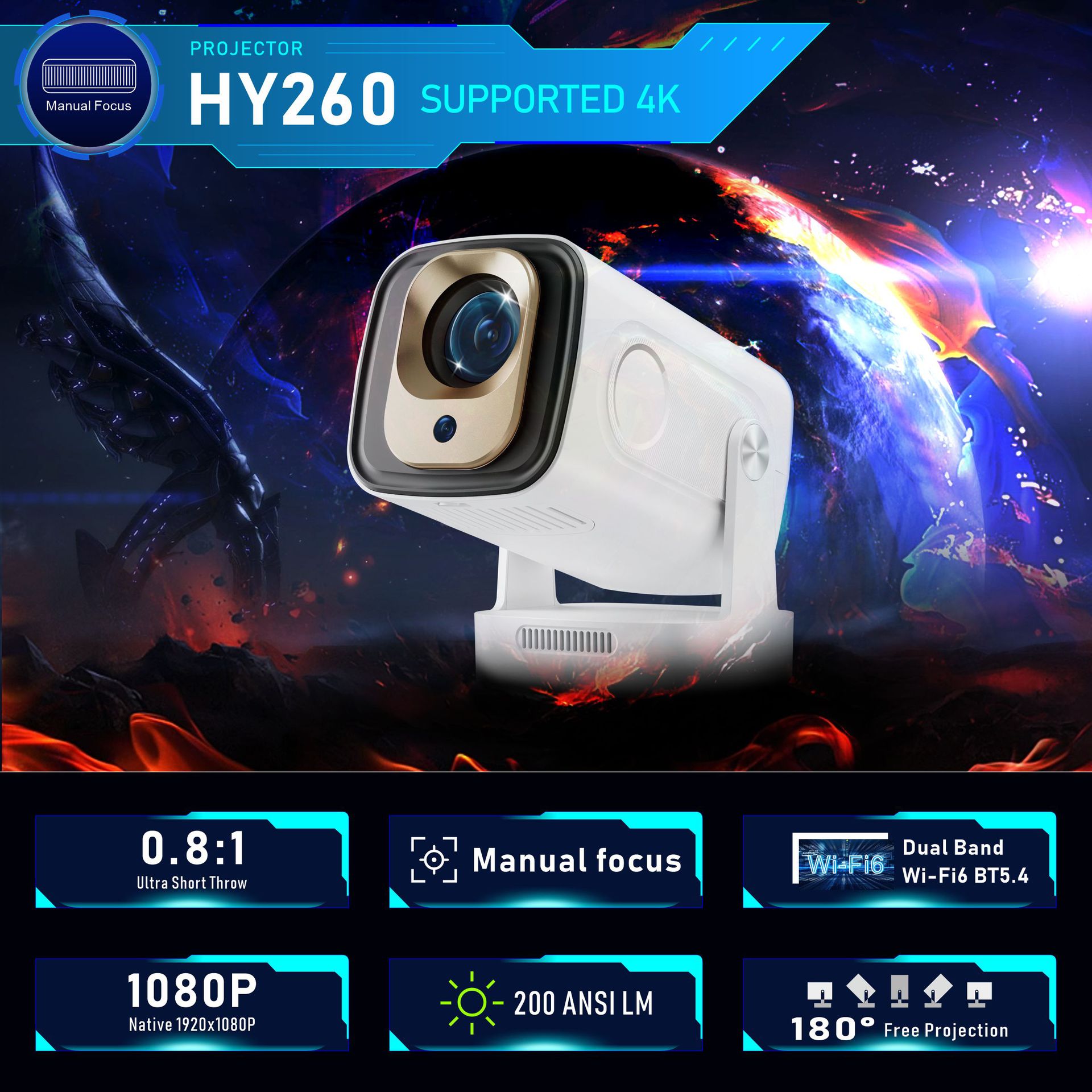 Hy260 Projector Foreign Trade E-Commerce Cross-Border Home Theater Portable Projector Large Screen Full Hd Ultra Hd