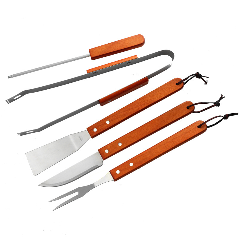 Herramienta de barbacoa de acero inoxidable de 5 piezas con mango de madera BBQ Oxford bolsa combinación tenedor pala clip traje hogar palo de afilar
