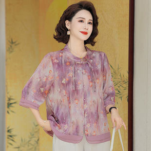 New Chinese Style Young Mother Summer Three-Quarter Sleeve Chiffon Shirt Fashionable and Stylish 2025 New Middle-Aged and Elderly Women's Tops
