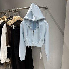 2025秋装新款连帽领纯色简约短款拉链开衫卫衣女小外套百搭上衣服