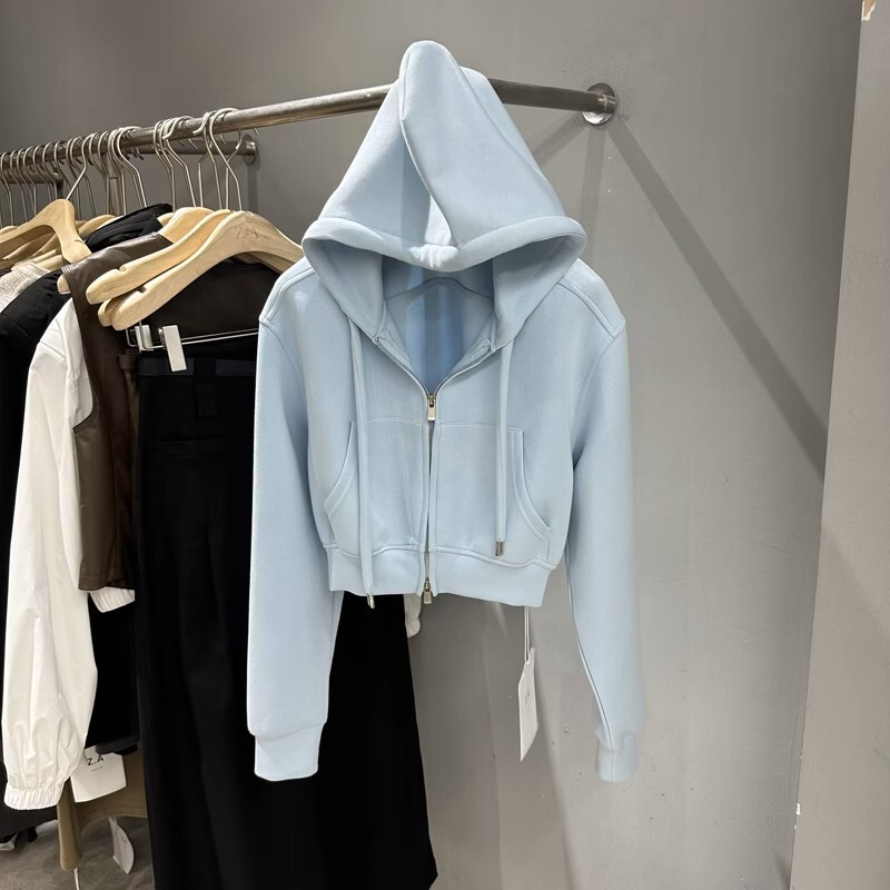 2026 Autumn New Style Hooded Collar Solid Color Simple Short Zip-Up Sweatshirt Women's Versatile Jacket Top 2026 Autumn New Style Hooded Collar Solid Color Simple Short Zip-Up Sweatshirt Women's Versatile Jacket Top