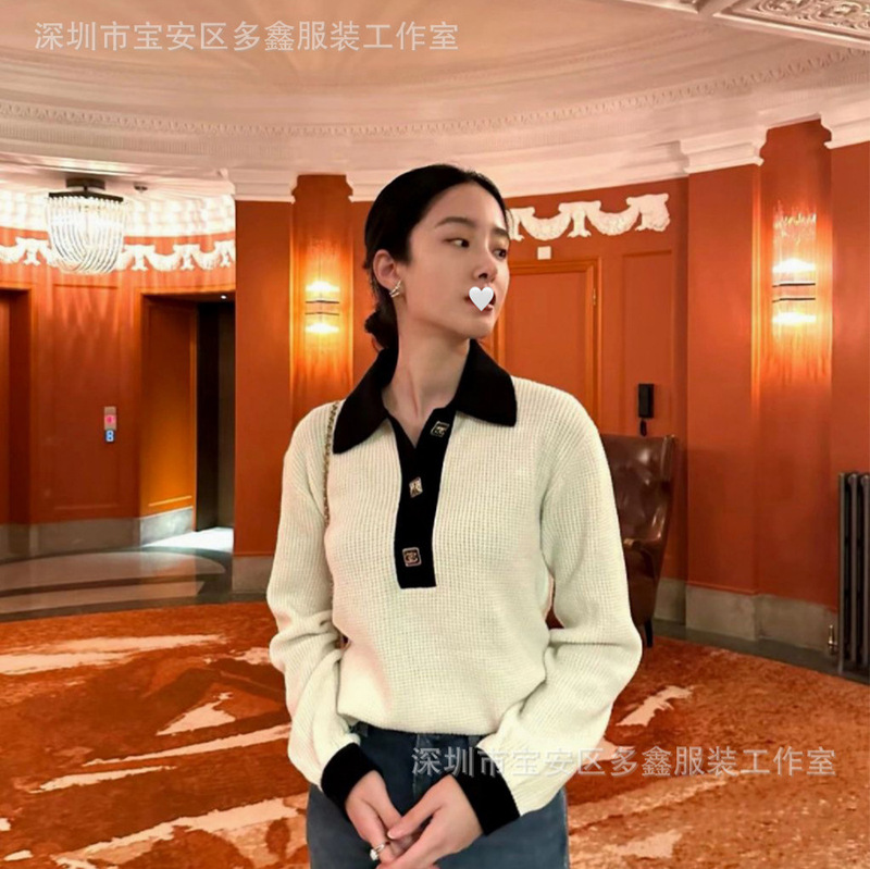 Temperament, Small Fragrance, Black and White Polo Collar, Square Buttons, Simple Age-Reducing Long-Sleeved Knitwear Tops, Nanyou Women's Clothing