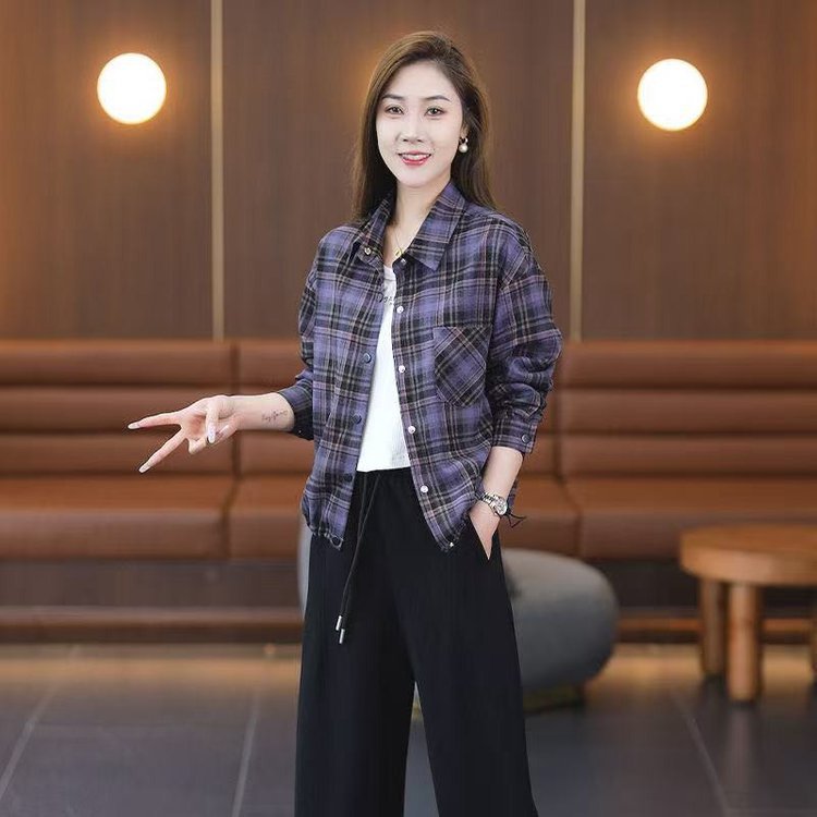 一件代发2025秋季新款时尚格子衬衫外套休闲洋气百搭妈妈装上衣|undefined