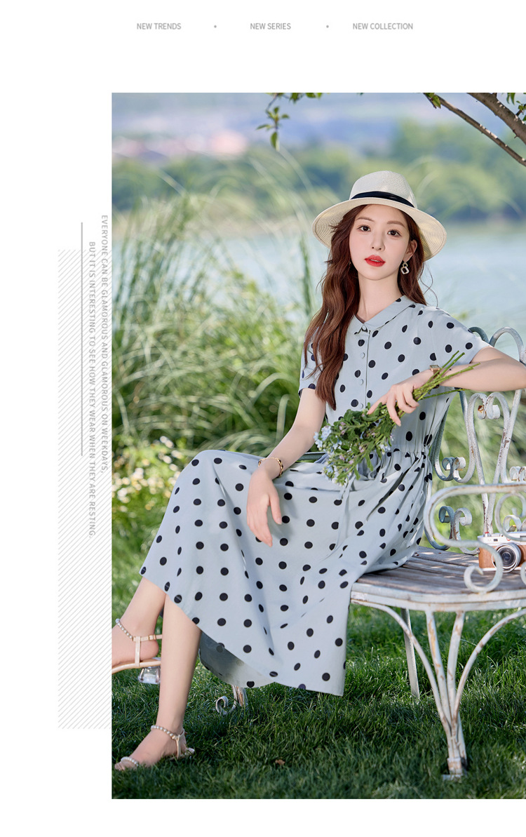 Đầm maxi nữ chấm bi in họa tiết eo thon dáng midi thời trang NI502 — màu be, màu xanh chi tiết 16