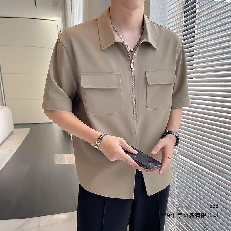 Summer Half-Zip Work Shirt for Men, Five-Quarter Sleeve 2026 New Style Ice Silk T-Shirt, Versatile Drapey Half-Sleeve Shirt, Trendy