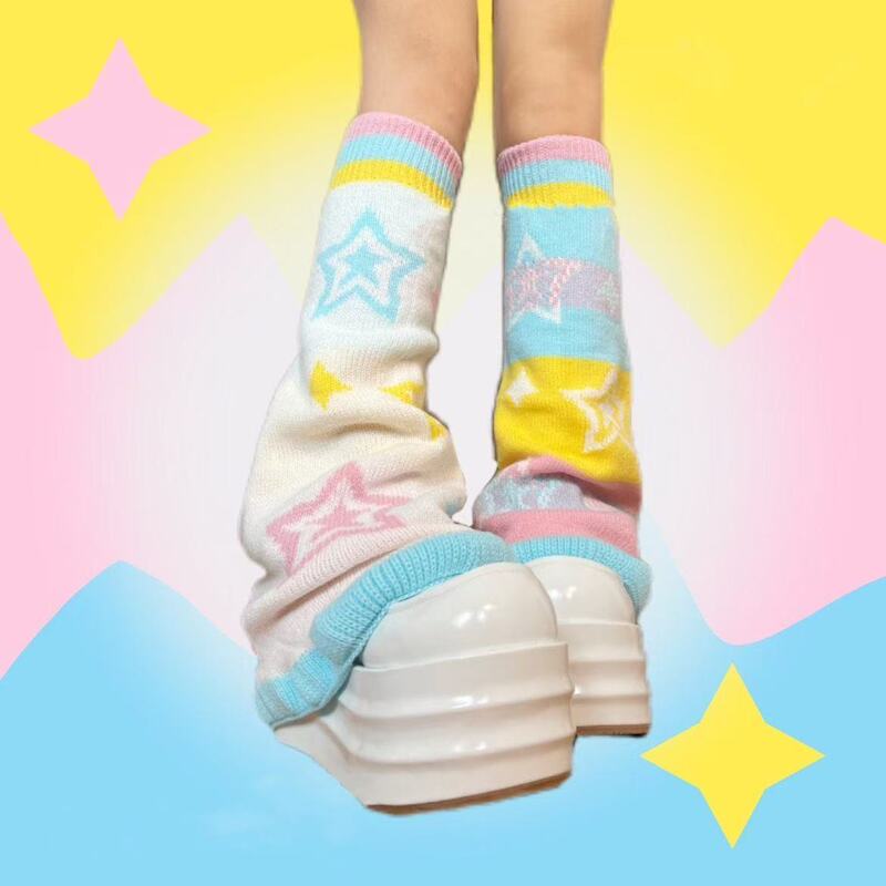 Autumn and Winter Japanese Style Spicy Girl Knitted Candy Color Sweet Cool Star Reversible Bell-Bottom Leg Warmers Y2K Slouch Socks for Women