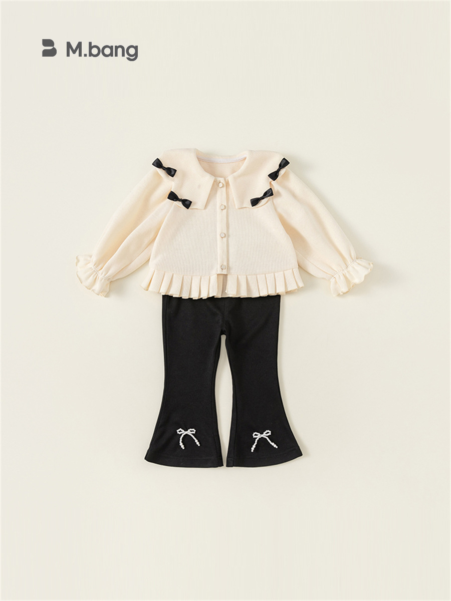 Conjunto de Dos Piezas para Niñas Youbao, Primavera y Otoño, Estilo Chanel, Ropa Infantil, Chaqueta con Solapa y Lazo, Pantalones Acampanados