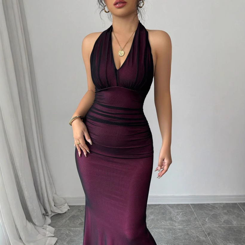 欧美跨境性感优雅挂脖连衣裙显瘦包臀露背收腰长裙