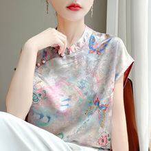 新中式2026夏季女装新款宽松小立领香云纱短袖衬衫短袖T恤上衣