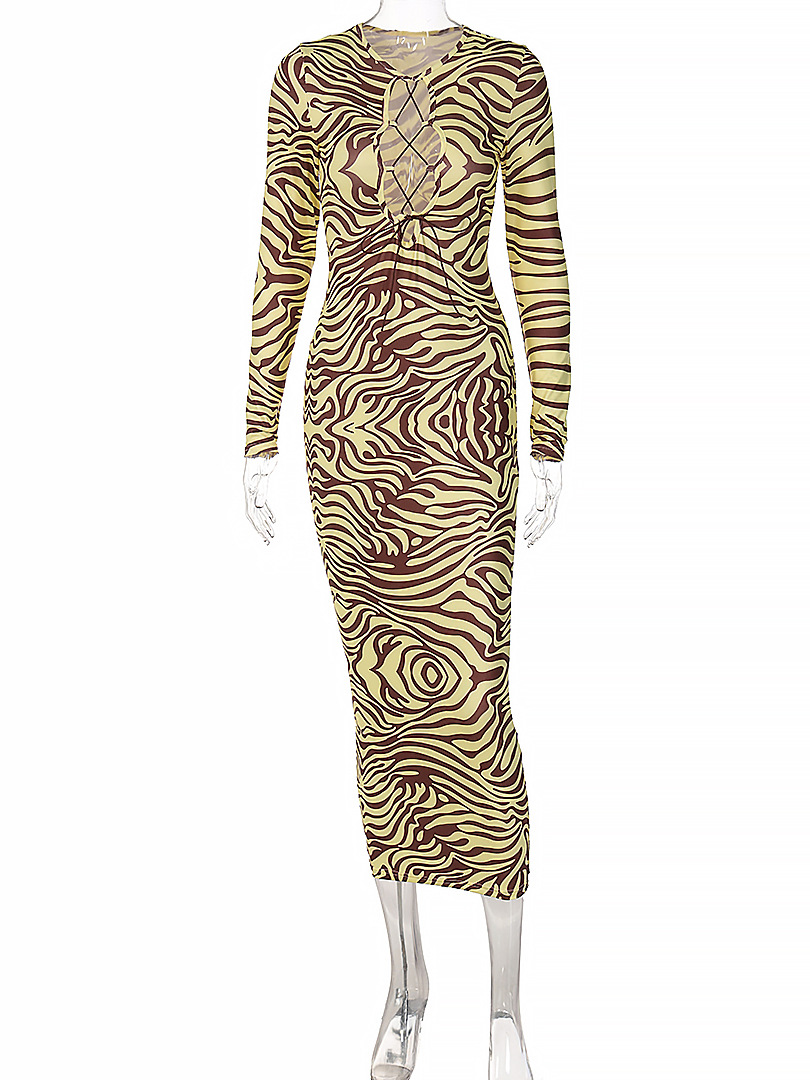 Printed Chest Hollow Long Sleeve Slim Dress - Dresses - Uniqistic.com