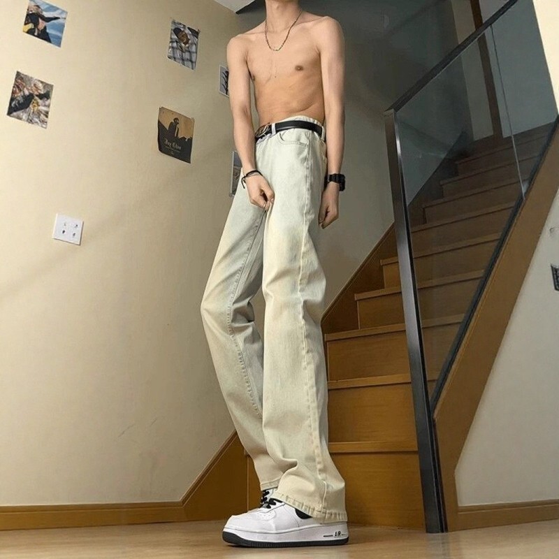 American Retro Vibe Casual Pants for Men, High Street Yellow Mud Color Jeans, Slim Fit Flared Pants for Tall Men