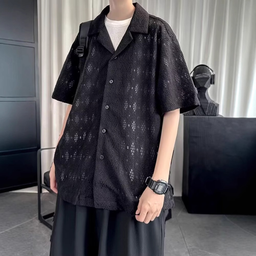 Lazy Style Cuban Collar Hollow Knitted Short-Sleeved Shirt Men's Summer Korean Style High-End Loose Casual Shirt Jacket