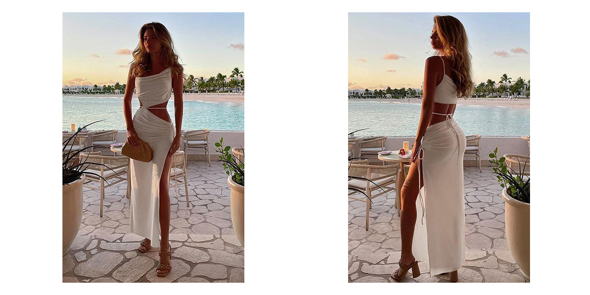 2024 Hot-Selling Asymmetrical Neck Strap Women's European And American Sexy Lace-Up Hollow Long Dress With Slit_ecoleips.com