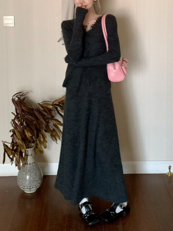 软糯温柔针织套装裙女士秋冬新款V领流苏上衣中长款半身裙两件套|undefined