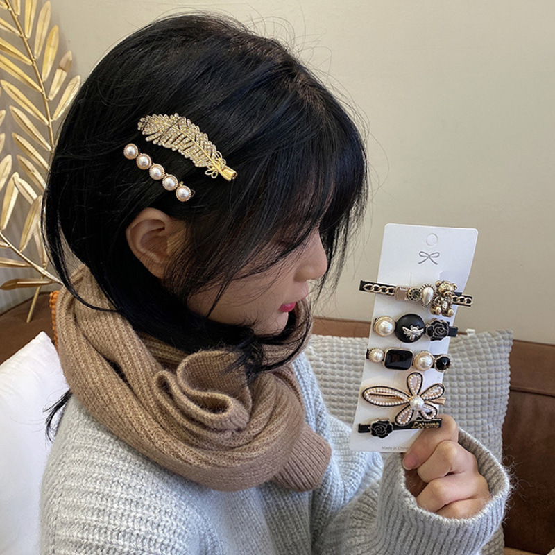 韓版ins新款發卡剪刀羽毛髮夾時尚珍珠一字夾邊夾鴨嘴夾套裝