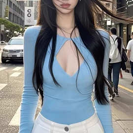 秋冬别致甜辣妹性感镂空修身长袖打底衫女内搭设计感小众绝美