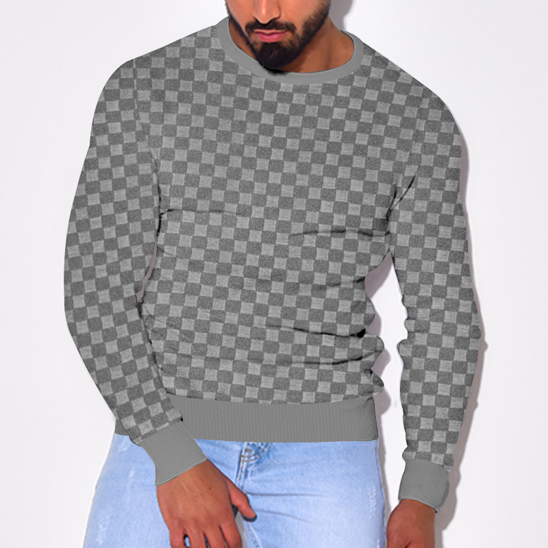 2024 Men's Spring and autumn  men's knitted shirt with jacquard chessboard plaid round neck casual bottom long sleeved top_voghion.com