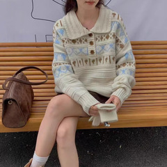 费尔岛复古风翻领针织衫宽松套头衫 软糯羊驼绒提花毛衣女秋冬新