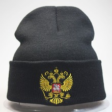 欧美流行俄罗斯RUSSIA国徽徽章刺绣针织帽套头帽 秋冬保暖帽男女