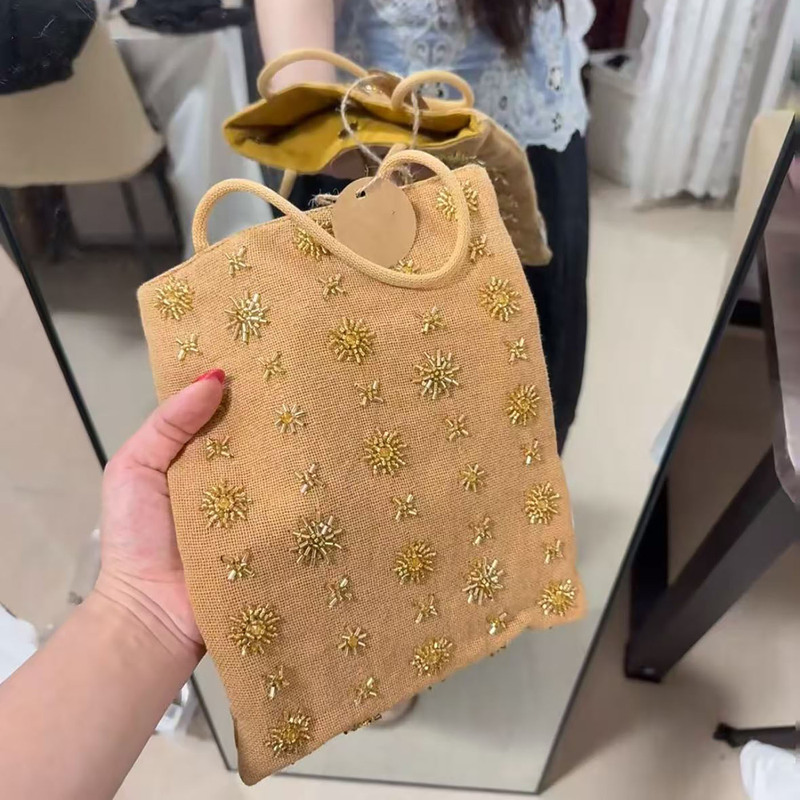 ビーズバッグ、イエロービーズ刺繍バッグ、トートバッグ、ニッチ通勤バッグ、ファッショナブルで多用途なキャンバスバッグ、手持ちクロスボディバッグ|undefined