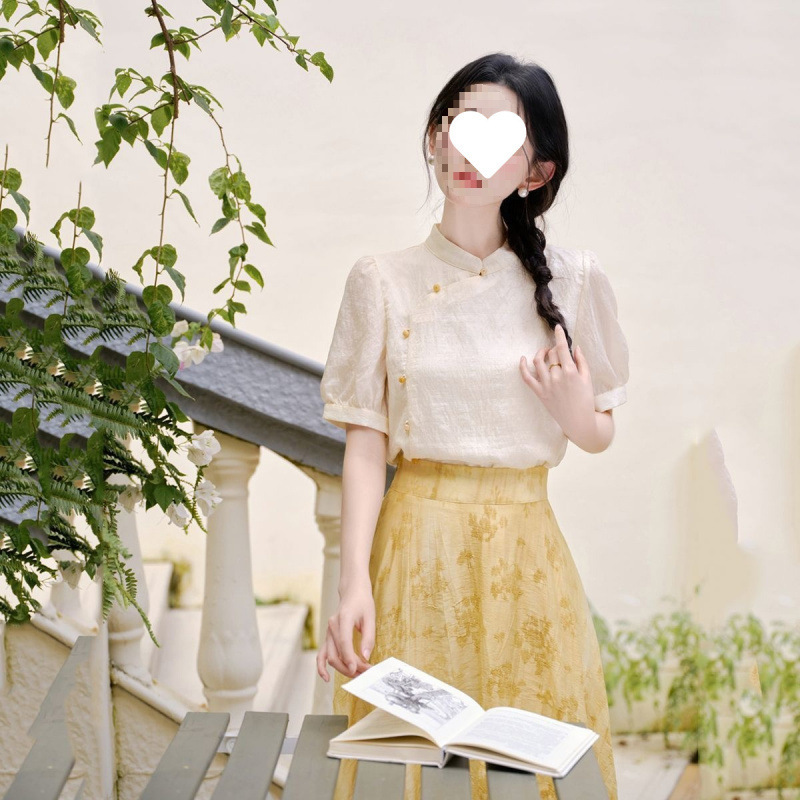 衬衫套装女国风秋夏季斜襟气质新中式黄色半身裙两件套新款2025|undefined