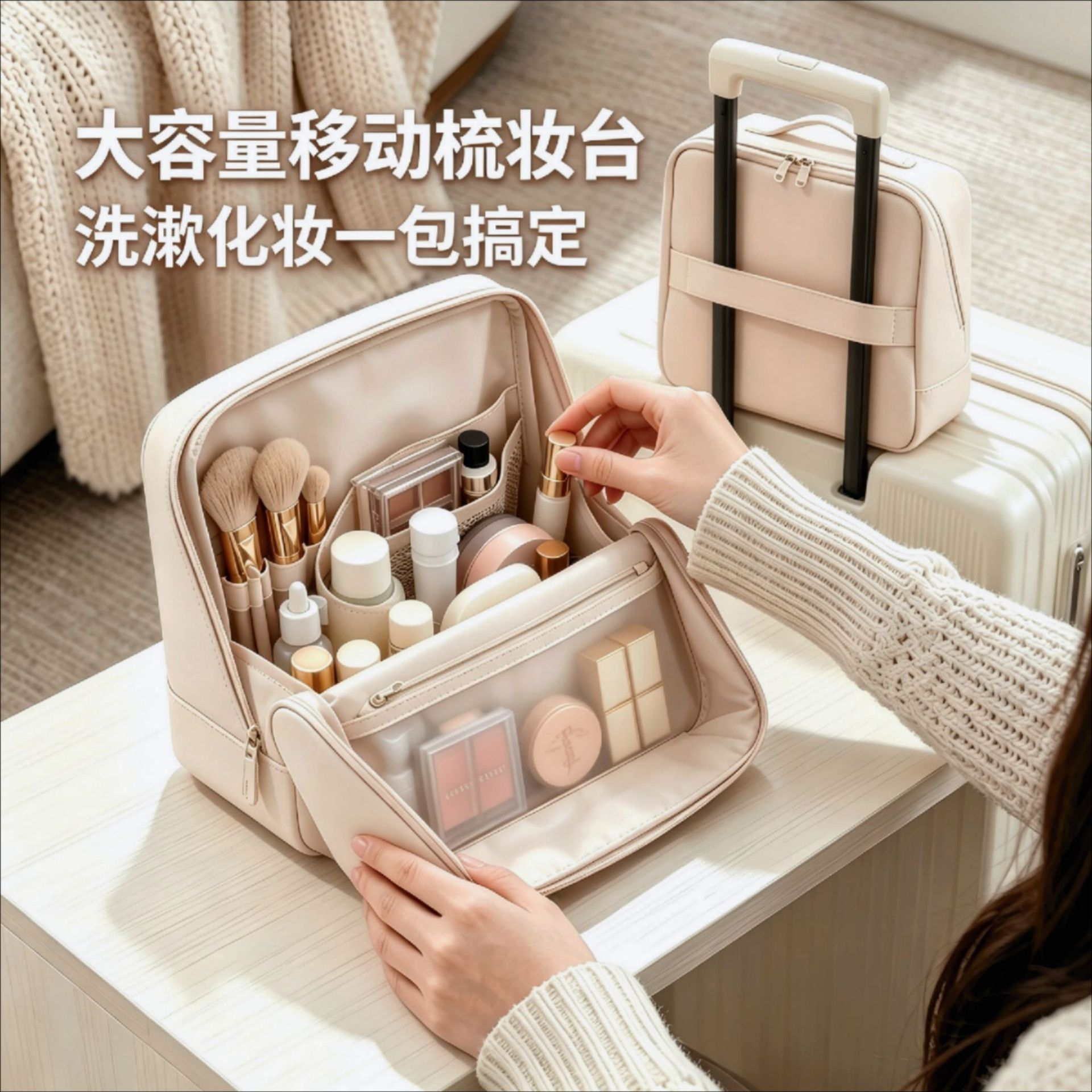Magnetic Stand-Up Makeup Bag PU Hangable on Luggage, Large Capacity Travel Portable Makeup Bag, Partitioned Waterproof Storage Bag