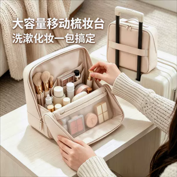 Magnetic Stand-Up Makeup Bag PU Hangable on Luggage, Large Capacity Travel Portable Makeup Bag, Partitioned Waterproof Storage Bag