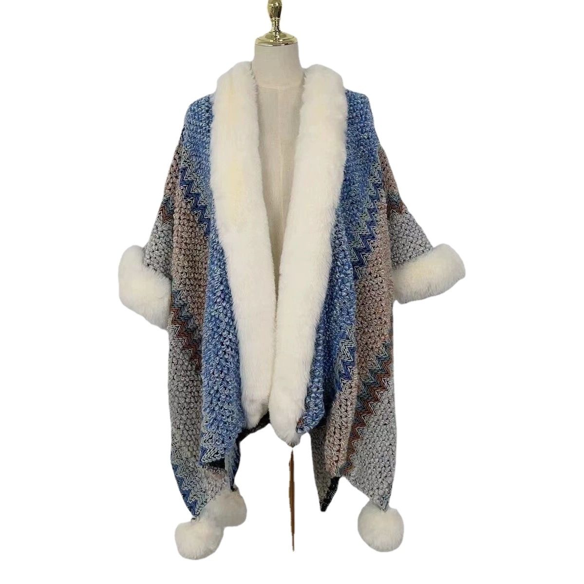 Lijiang Dali Hanging Ball Shawl Imitation Rex Rabbit Fur Oversized Fur Collar Ethnic Style Scarf Cloak with Sleeves Outwear Women's Cloak