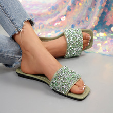 【跨境外贸】露趾水钻细跟拖鞋女新款交叉带一字拖百搭高跟凉拖