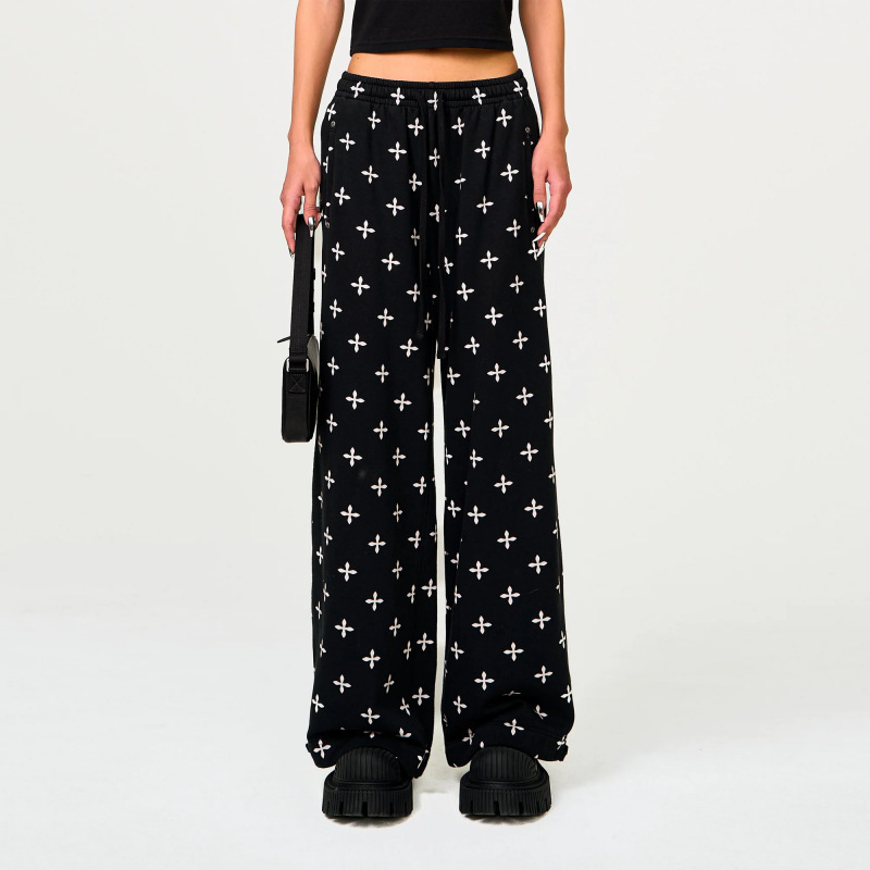 Smfk Black Garden Wide-Leg Sweatpants Loose Pure Cotton Cross Flower Full Print Casual Pants 25 New Style
