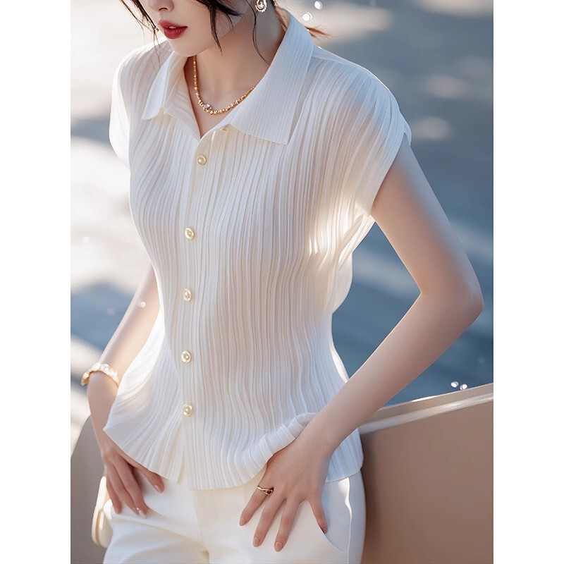 2025 New Arrival White Short-Sleeved Shirt Women's Summer Thin Korean Style Chic Chic Pretty Shirt Pleated Top