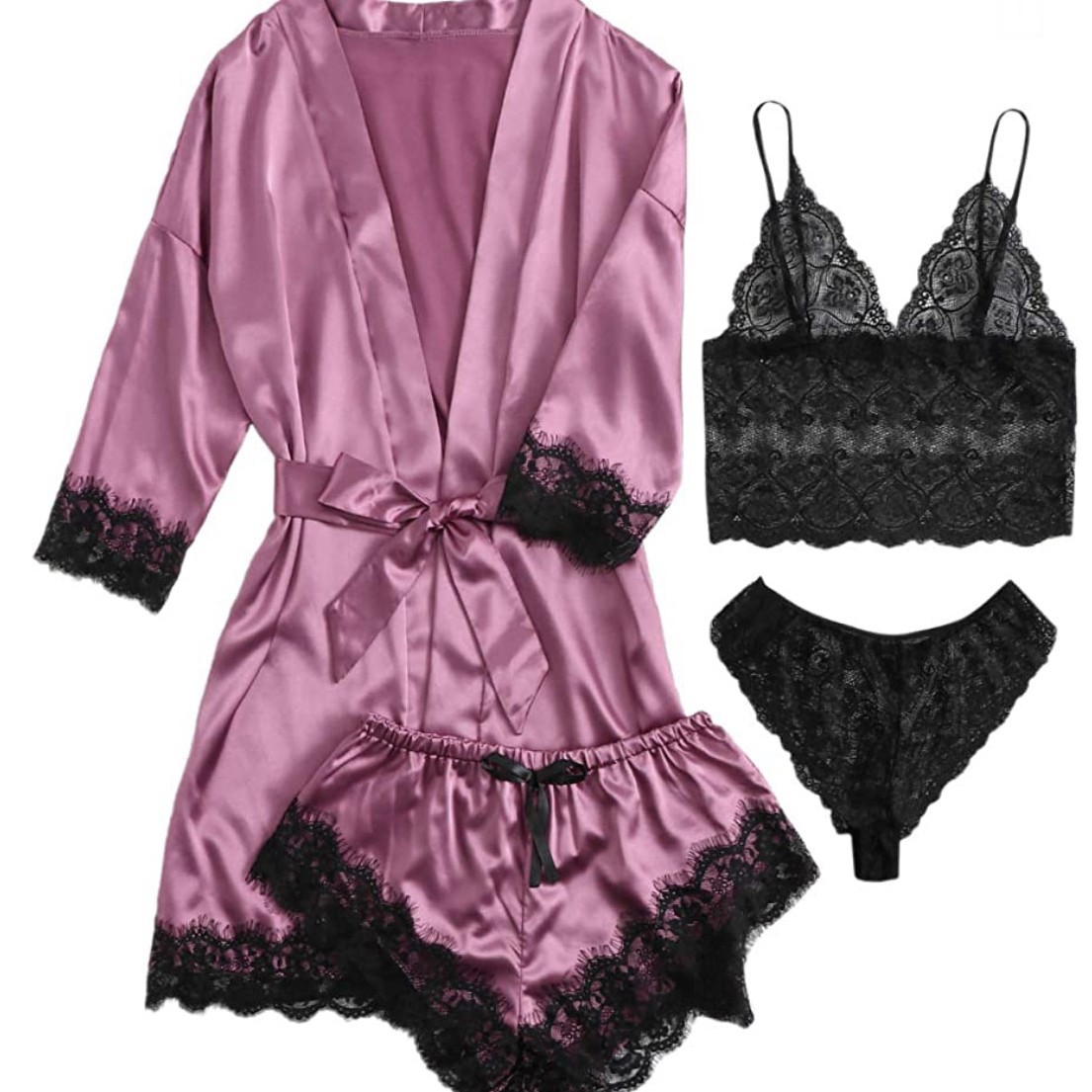 GraceChic New European American Style 4-Piece Lace Satin Camisole Pajamas Women's Summer Set With Robe And Nightdress Wholesale_voghion.com