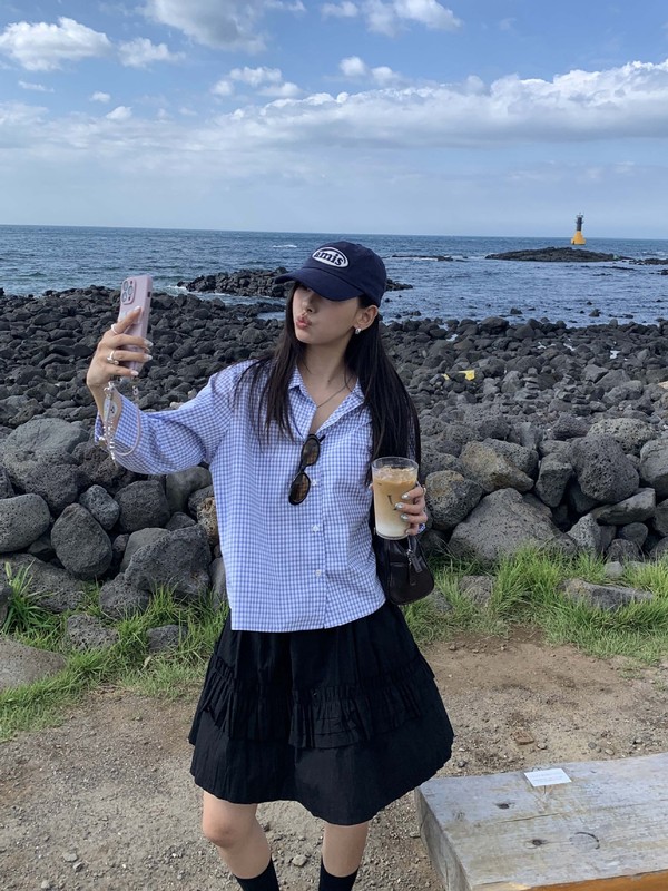 广州黄峥法式复古蓝色格子条纹POLO领防晒衬衫宽松休闲衬衣530719|undefined