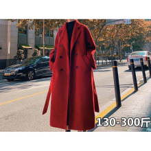 特大码女装300斤胖MM秋冬毛呢外套宽松加厚呢子大衣红色过膝韩版