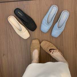 潮不南~平底女鞋子复古晚晚风配裙子编织后空一脚蹬凉鞋单鞋