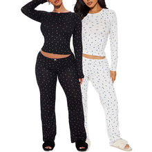 欧美春2025跨境亚马逊女装休闲可爱花朵圆领长袖家居舒适长裤套装